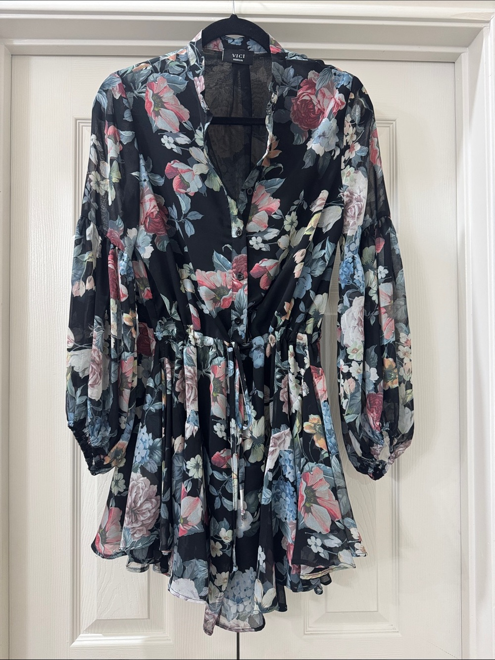 VICIw Black Floral Sheer Waist-Tie Dress with Pink & Blue Blooms